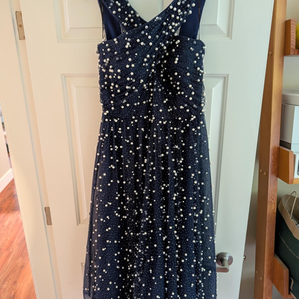 Theia Navy Blue Midi Dress with Glitter And Pearl Embellishments